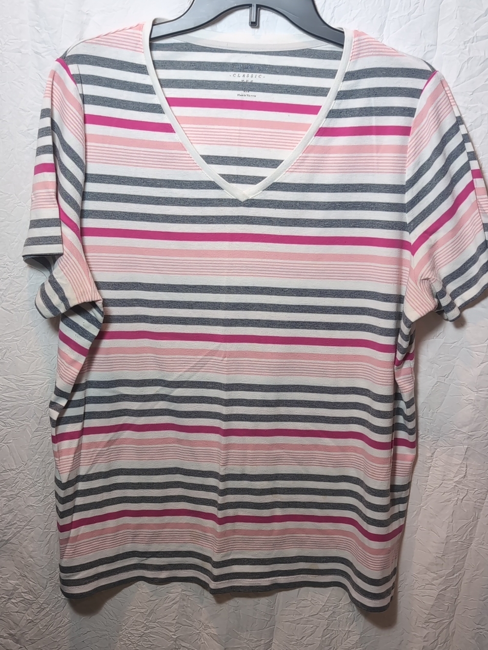 croft & barrow Pink, Gray & White Striped Short Sleeve V-Neck Tee
